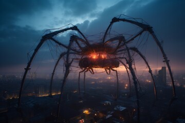 A giant mechanical spider weaving webs of light over a city at dusk 
