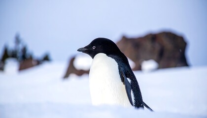 Obraz premium A penguin stands on snowy terrain