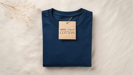 Folded navy blue tshirt with organic cotton tag isolated on white background