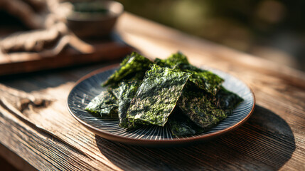 A plate of crispy seaweed snacks on a rustic wooden table under natural sunlight in a close up shot