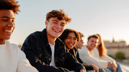 Happy diverse teenagers friends laughing together outdoors during golden hour sunset. Multicultural youth group bonding, casual lifestyle moment on urban rooftop terrace.
