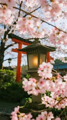 Cherry Blossoms Framing a Traditional Lantern Near a Torii Gate