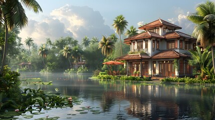 Fototapeta premium serene waterfront villa design high resolution picture