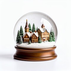 Enchanting miniature village nestled within a snow globe radiating festive cheer on white background