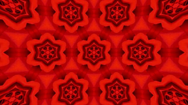 Abstract floral red rose mandala kaleydoscope background with elegant hexagonal geometry, flower buds creating ornamental symmetry in seamless motion on a calming dark canvas