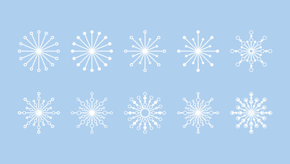 Snowflakes, set of icons, winter symbol, snow sign, Christmas, isolated on a blue background, vector illustration. Decorative Different Frozen Holiday Element for Decoration, Design, Postcard, Banner