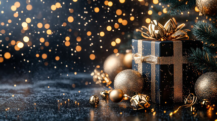 A beautifully wrapped Christmas gift box with golden accents sits among sparkling ornaments, creating a warm and inviting holiday scene filled with joy and celebration