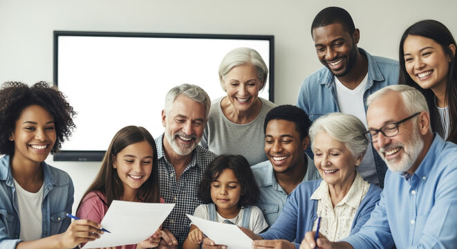 Happy multigenerational family reviewing documents together. Family members of different ages and ethnicities share a joyful moment examining papers.