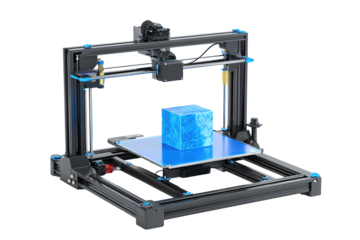 3D printing machine with raised gantry and blue accent platform, showing mid-print cube test object, isolated on transparent background.

