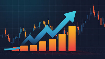 The digital illustration features a metallic blue arrow symbolizing growth, overlaid with dynamic orange and yellow candlestick chart lines, showcasing the dynamic nature of financial trends.