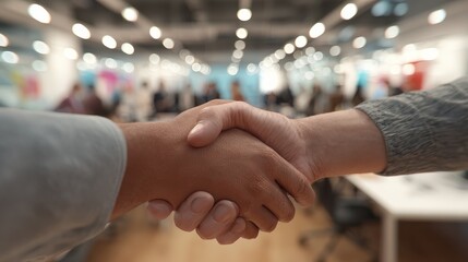 dynamic handshake symbolizes collaboration between diverse business professionals in a modern workspace during a partnership meeting