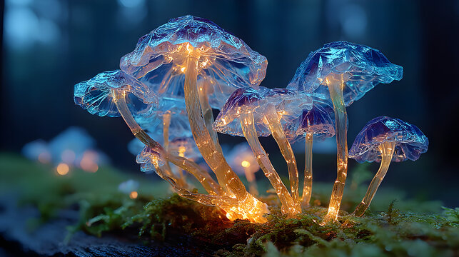 Glowing Crystal Mushrooms in a Moonlit Forest - Powered by Adobe