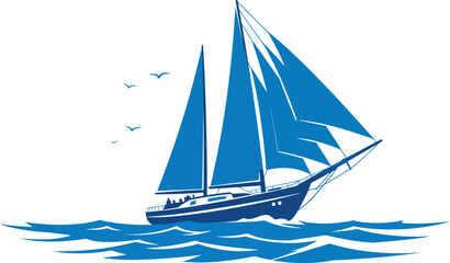 blue sailboat cruising waves birds flying on transparent background silhouette