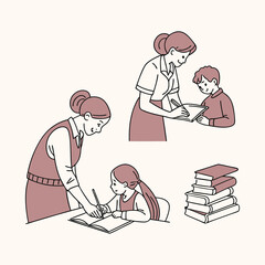School Life Icons — Isolated Pastel Illustrations of Reading, Writing, and Collaboration