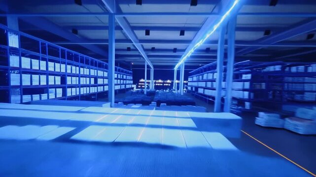 Explore a warehouse where organization meets chaos, lit by blue lights