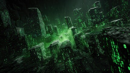 shattered digital data fragments with glowing green binary code in a futuristic scene