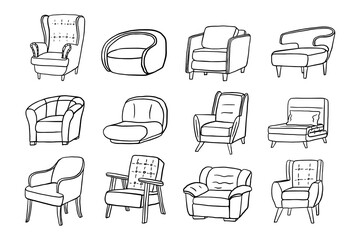 Set of armchairs of different shapes and sizes. Upholstered furniture. Cozy home. Interior. Hand drawn