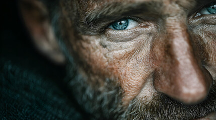 Intense closeup portrait of a weathered man with expressive blue eyes, captured in dramatic lighting