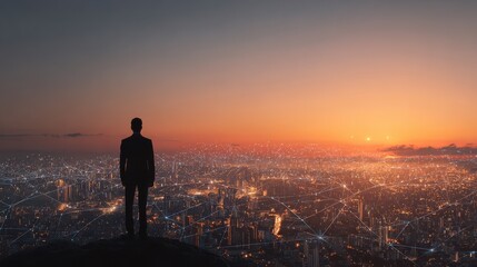 Fototapeta premium a visionary leader overlooking a thriving connected city at sunset imagining the future with strategic data networking