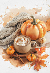 Autumn flat lay with pumpkins, spiced lattes and leaves in warm orange tones.