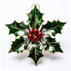 Ornamental festive holly decoration with gems capturing holiday spirit isolated on white background