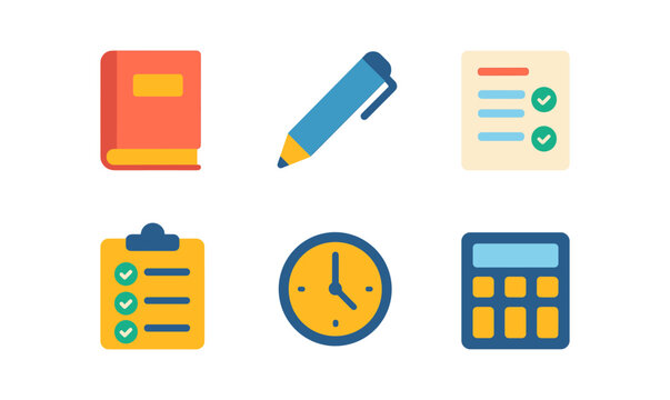 Essential exam preparation tools and icons for academic success and organization - Powered by Adobe