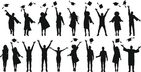 Graduation Silhouettes of Students Celebrating, Throwing Hats, Jumping with Joy, Academic Achievement, Education Success, Ceremony Vector Illustration Design
