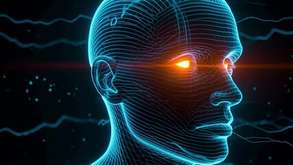 Futuristic AI mind awakens with glowing orange eye in digital network, science fiction concept