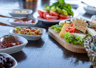 Turkish breakfast set on a wooden table