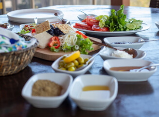 Turkish breakfast set on a wooden table