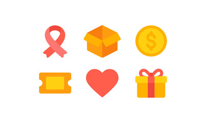 Charity icon set featuring donation, ribbon, heart, and gift symbols for awareness and fundraising design