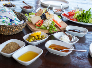 Turkish breakfast set on a wooden table