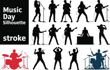 Dynamic silhouettes of musicians performing on stage with instruments and microphones.