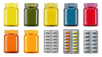 Vitamin set with eight colorful containers and two blister packs, abstract label shapes only, arranged in a clean 2×5 grid, isolated on transparent background.
