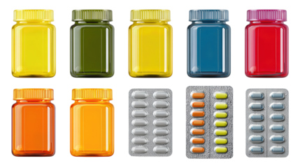 Vitamin set with eight colorful containers and two blister packs, abstract label shapes only, arranged in a clean 2×5 grid, isolated on transparent background.
