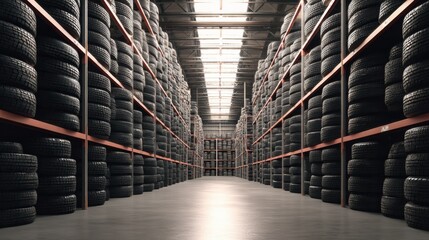 stacks of tires neatly arranged in a warehouse showcasing organized storage