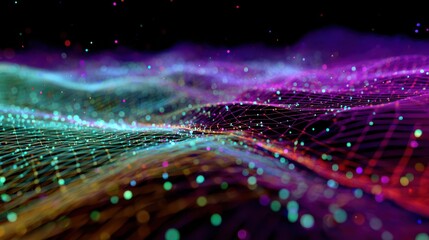 abstract technology landscape flowing grid with neon accents and glowing particles