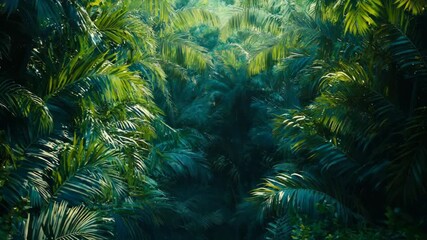 Lush tropical jungle canopy with dense foliage and sunlight filtering through greens. - Powered by Adobe