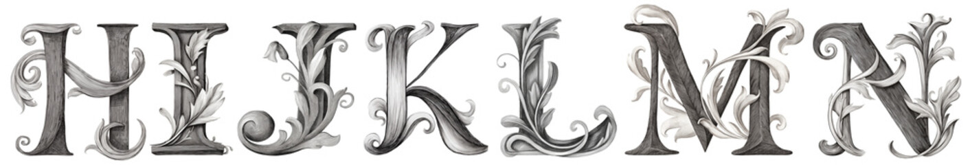 Decorative alphabet letters featuring intricate designs and floral elements on a light background