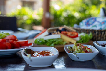 Turkish breakfast set on a wooden table