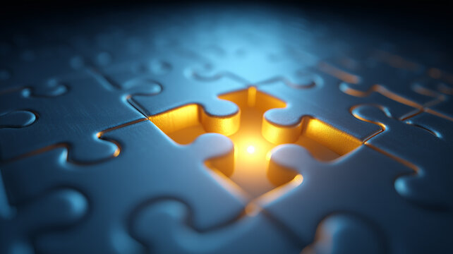 Glowing puzzle piece fitting into place, conveying the key solution, insight and strategic alignment.

