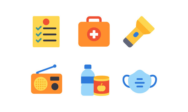 Emergency preparedness icons grid - checklist, first aid kit, flashlight, radio, water, canned food, mask