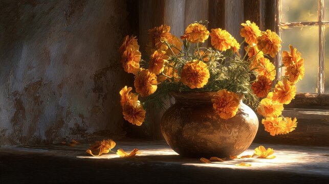 clay pot of marigolds on windowsill golden sunlight wrapping around petals