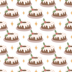 Seamless Christmas Pudding Pattern with Festive Cakes and Holly Decorations