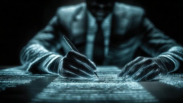 Signing the Agreement: In a shadowy, film noir-esque ambiance, a silhouetted figure, his form exuding authority, meticulously signs a document, a pen poised to seal the fate of some venture, deal.