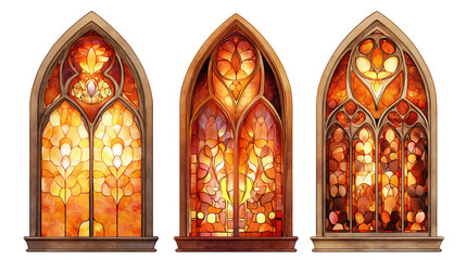 Decorative stained-glass windows with gothic arches, ruby and amber hues, simplified details and tiered arrangement, isolated on transparent background.