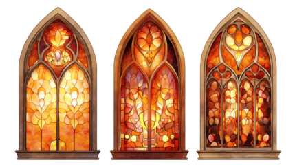 Decorative stained-glass windows with gothic arches, ruby and amber hues, simplified details and tiered arrangement, isolated on transparent background.
