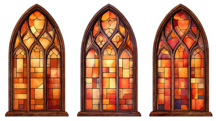 Three stained-glass windows in amber and ruby tones, gothic arches with simplified tracery, central window taller, isolated on transparent background.