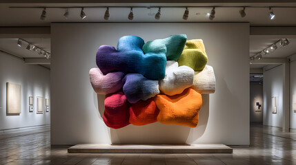 Abstract sculpture crafted from brightly colored fabrics mounted elegantly on a pristine white gallery wall