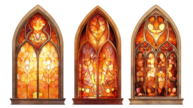 Decorative stained-glass windows with gothic arches, ruby and amber hues, simplified details and tiered arrangement, isolated on transparent background.
 - Powered by Adobe
